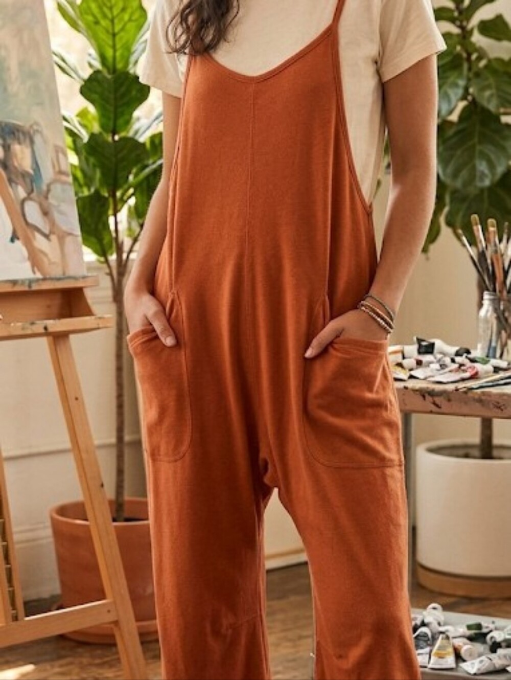 Women's Rust Wide-Leg Overalls Jumpsuit